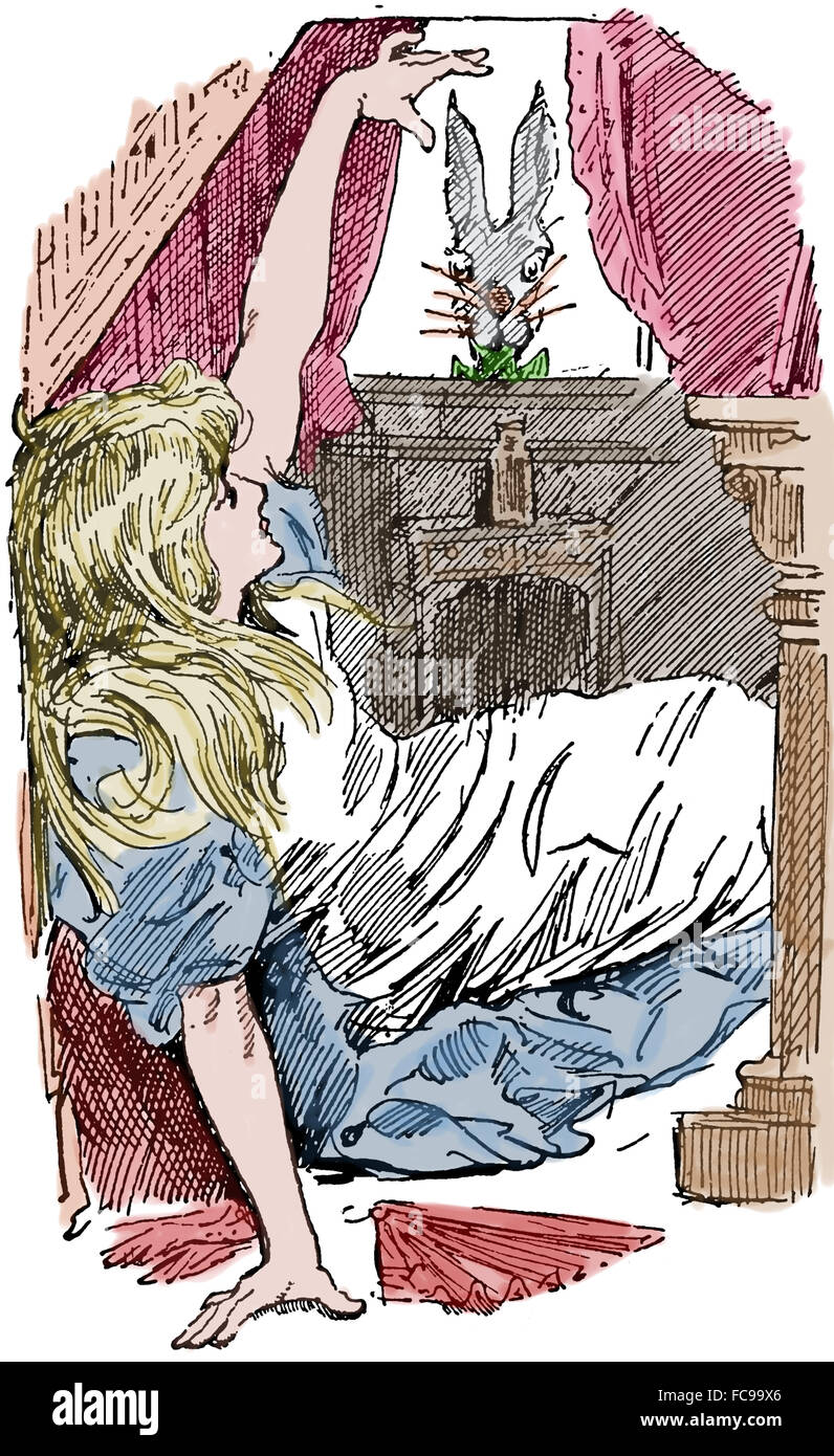 Aventures d'Alice au Pays des merveilles de Lewis Carrol (1832-1898). Scène . La gravure. La couleur. Banque D'Images