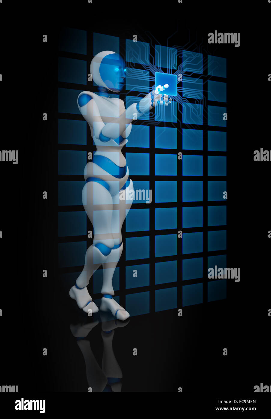 Femelle à l'aide d'un robot humanoïde futuristic interface Banque D'Images