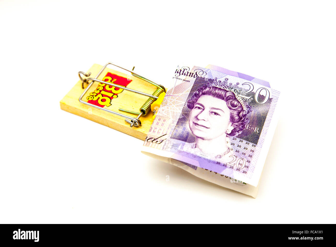 L'argent dans piège à souris voyage prêt prêteur de capture des flux de trésorerie dettes dettes problèmes problème £ 20 GBP livres note UK Angleterre découpe découpe Banque D'Images