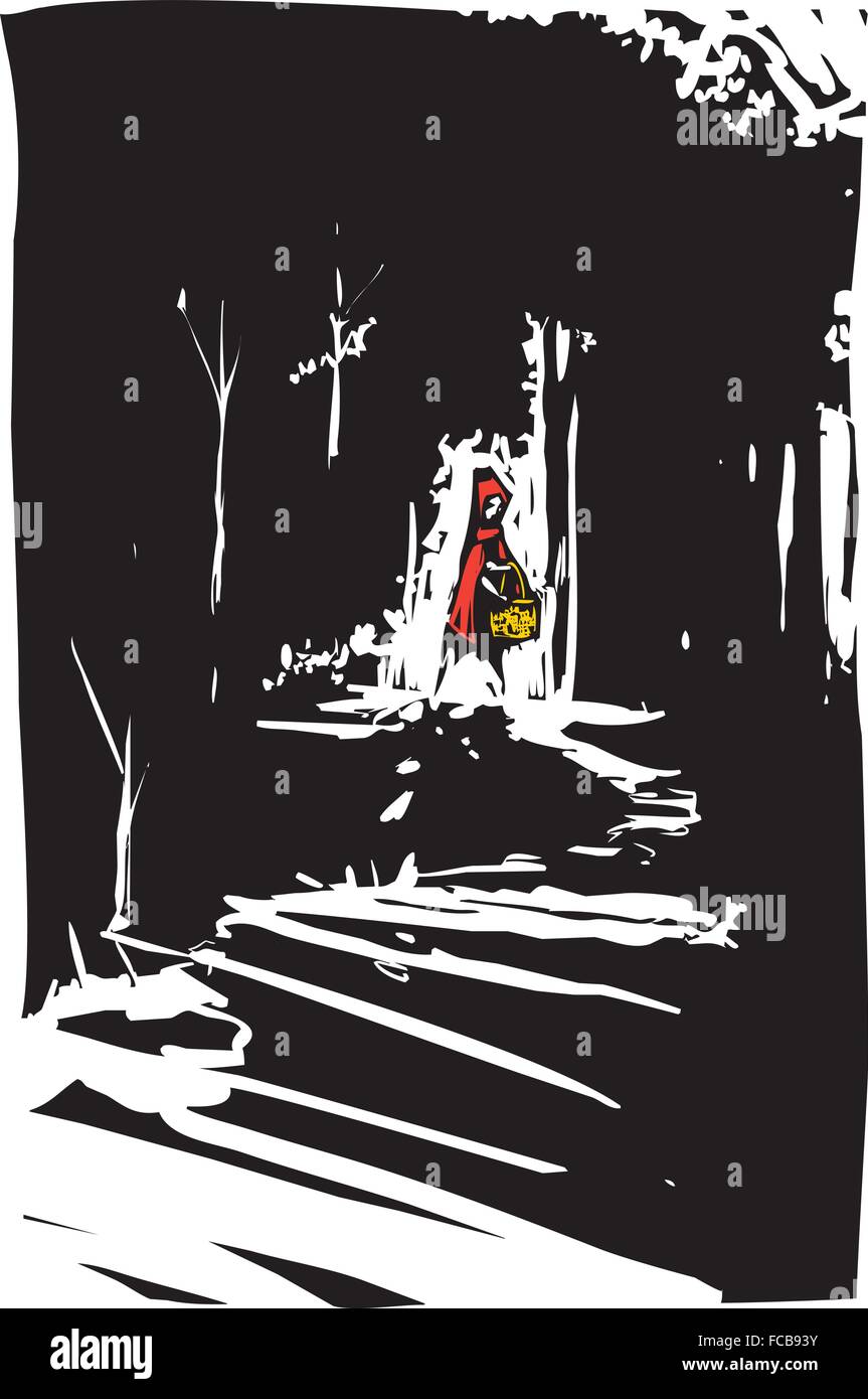 Gravure sur bois de style libre expressionniste chaperon rouge dans la forêt Illustration de Vecteur