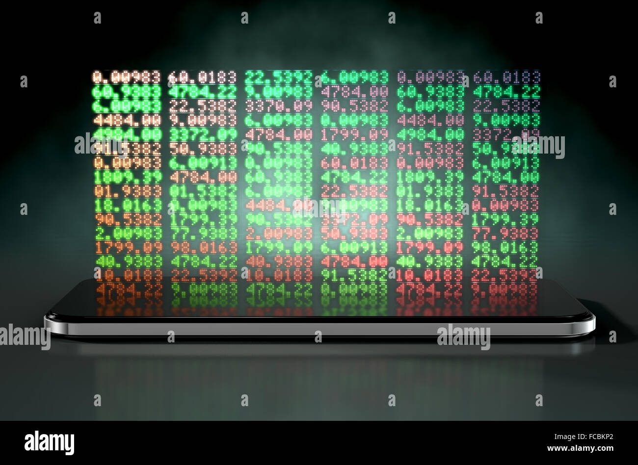 Un smartphone générique projetant un hologramme d'une bourse du Conseil de l'indicateur numérique avec les numéros verts et rouges Banque D'Images