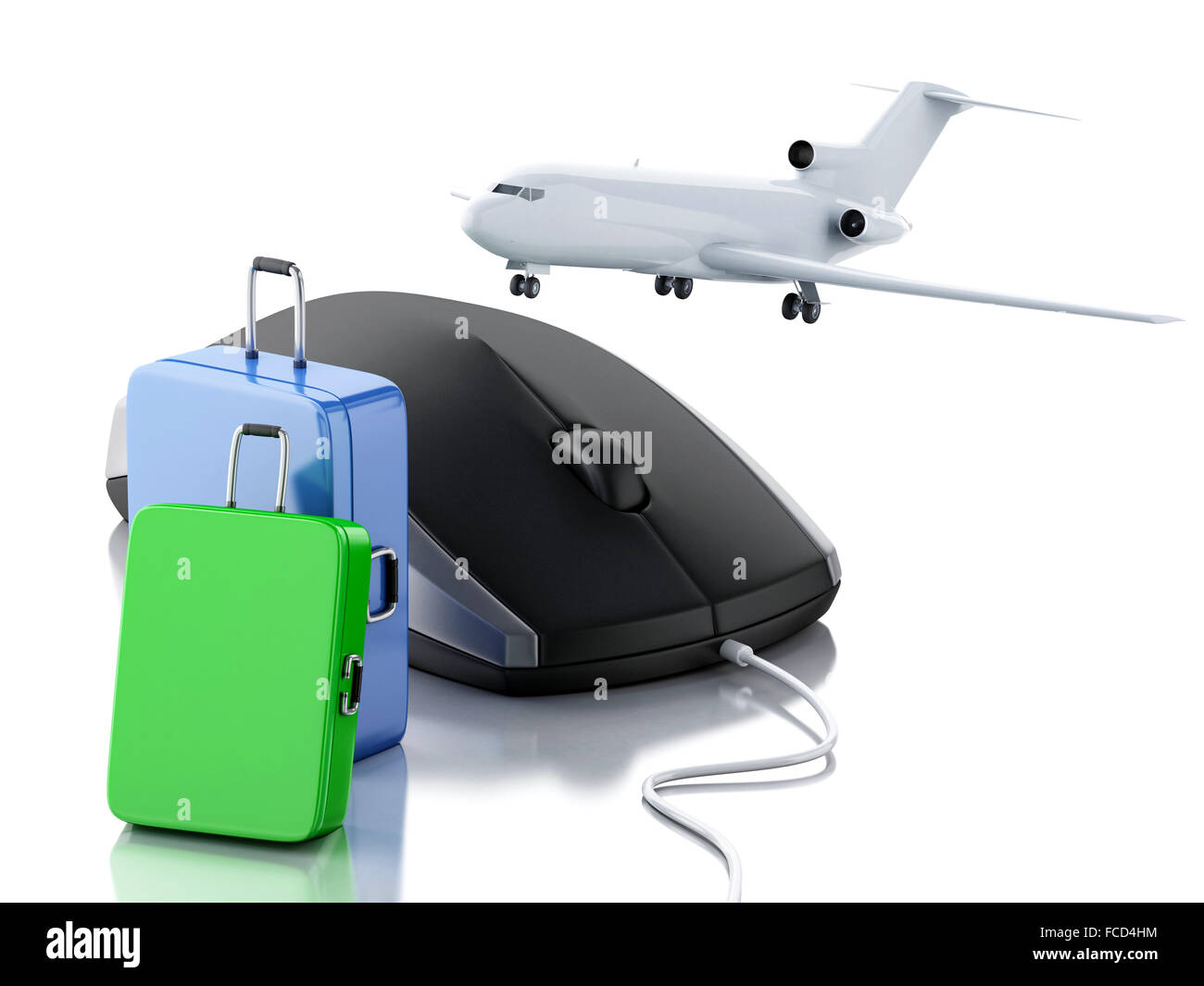 3d illustration. Billet d'avion, valise et souris d'ordinateur. Réservation en ligne vol ou travel concept. Blanc isolé Banque D'Images