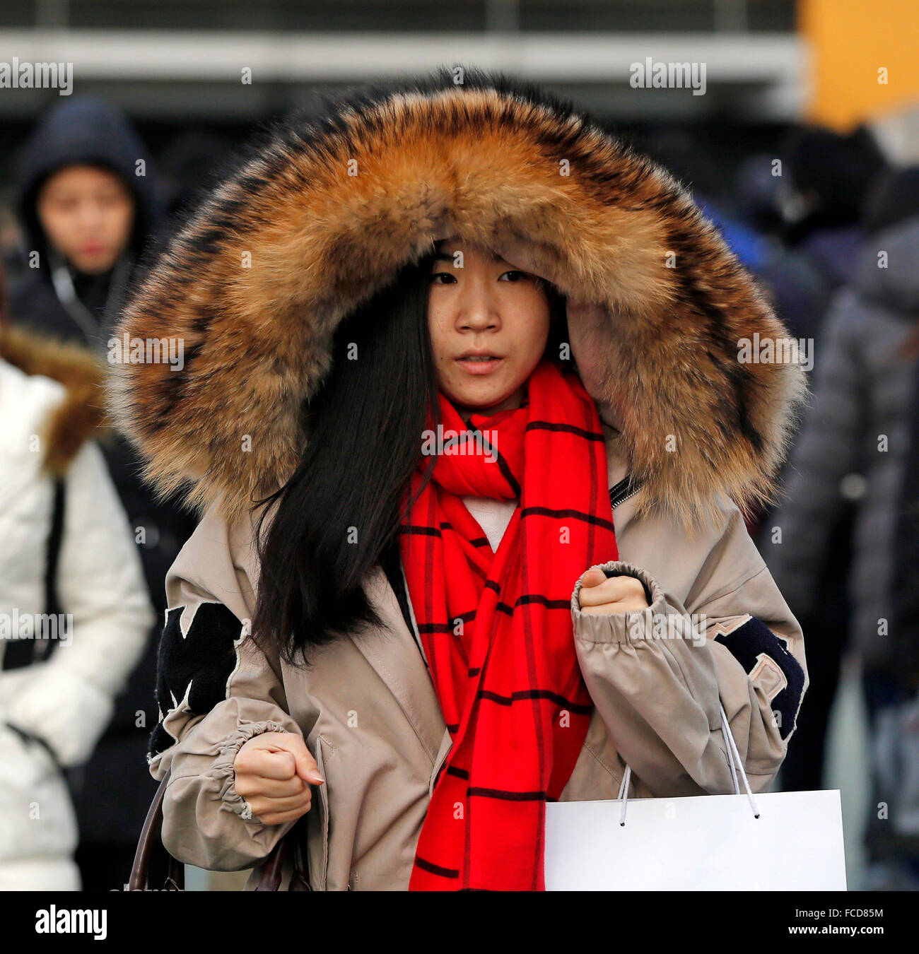 Beijing, Chine. 22 janvier, 2016. Une femme s'enroule elle-même jusqu'à Beijing, capitale de Chine, le 22 janvier 2016. Températures moyennes à Pékin est prévue sur un bas niveau en 30 ans de moins 17 degrés Celsius le samedi, les prévisions de la station météorologique de Beijing. Credit : Shen Bohan/Xinhua/Alamy Live News Banque D'Images