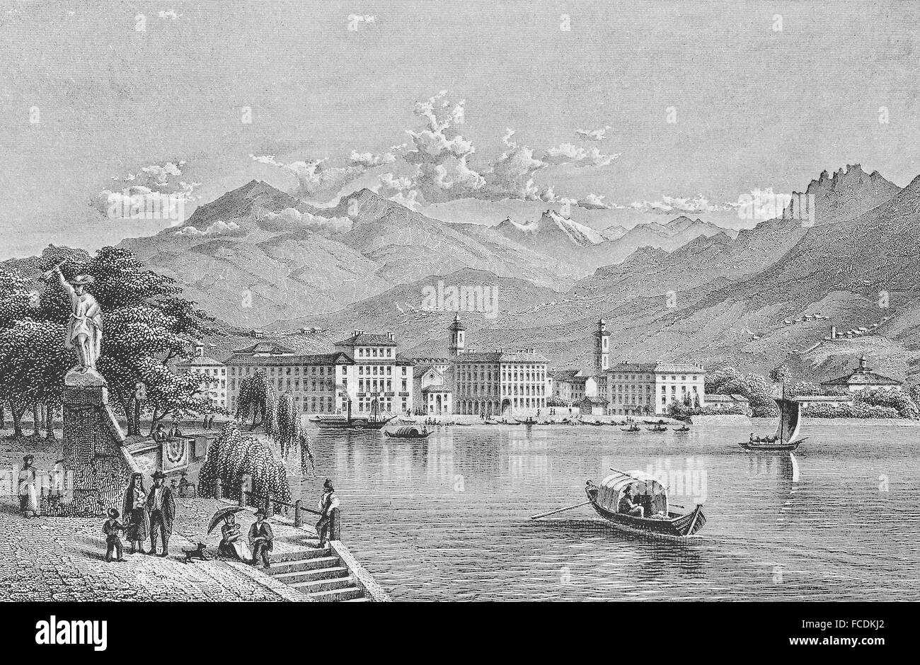 Paysage urbain historique, gravure sur acier, Lugano vers 1860, Canton du Tessin, Suisse Banque D'Images