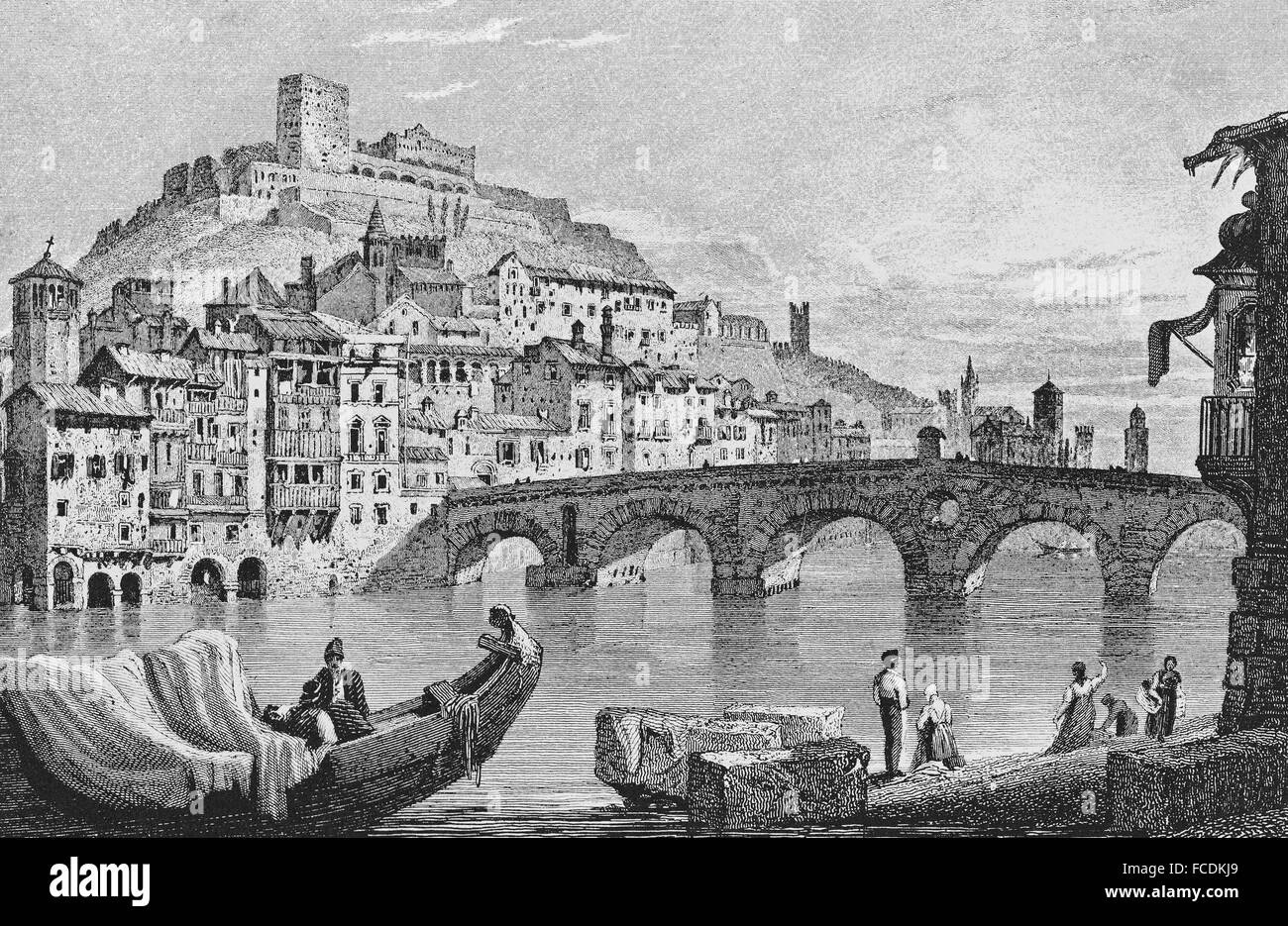 Paysage urbain historique, gravure sur acier, autour de 1825, Vérone, Italie Banque D'Images