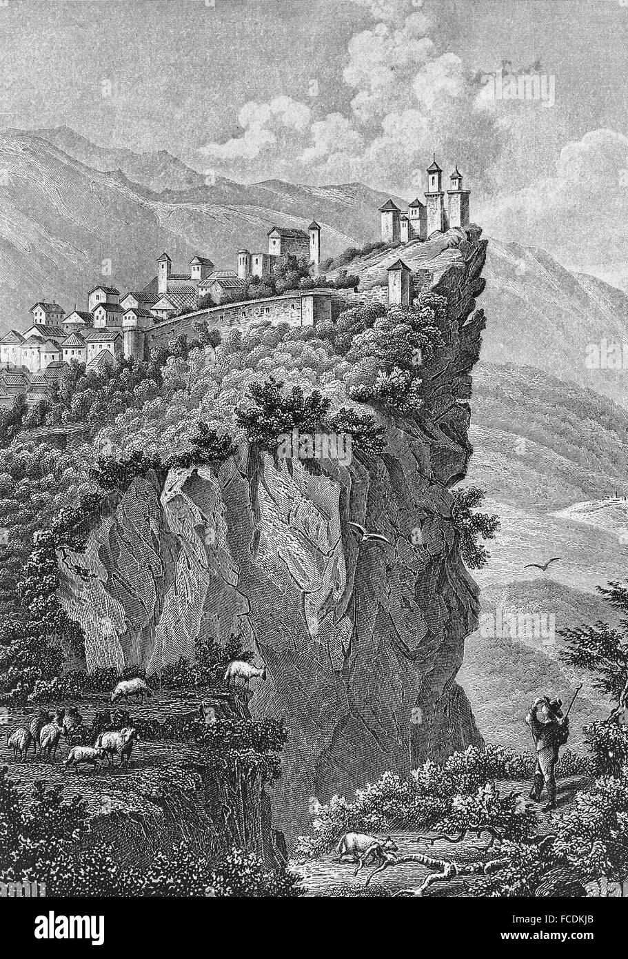 Paysage urbain historique, gravure sur acier, San Marino, 1855, Italie Banque D'Images