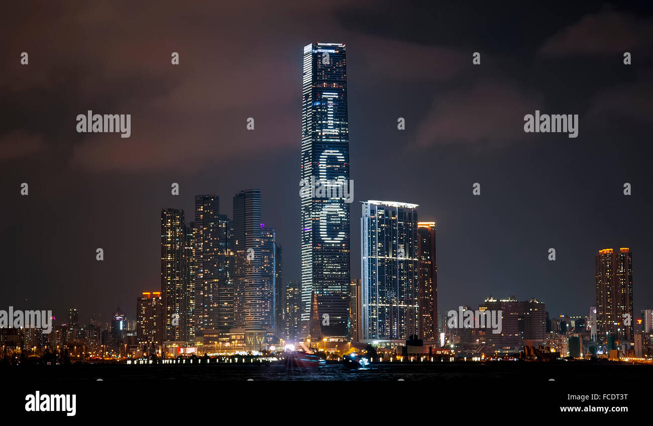 La nouvelle ville de Kowloon et de Hong Kong, le plus haut bâtiment de l'International commerce center ICC, Hong Kong, Chine. Banque D'Images