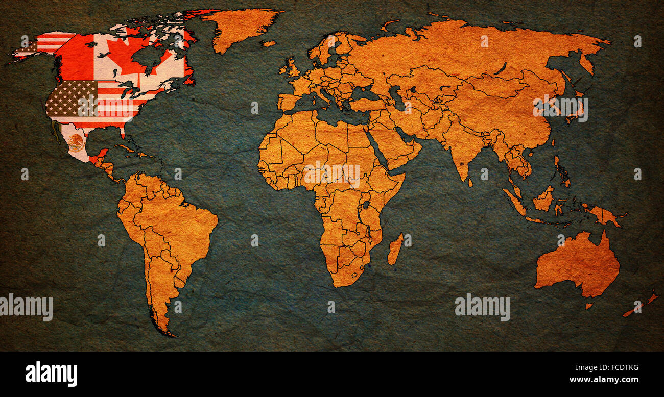 Accord de libre-échange nord-américain sur la carte du monde avec les frontières nationales Banque D'Images
