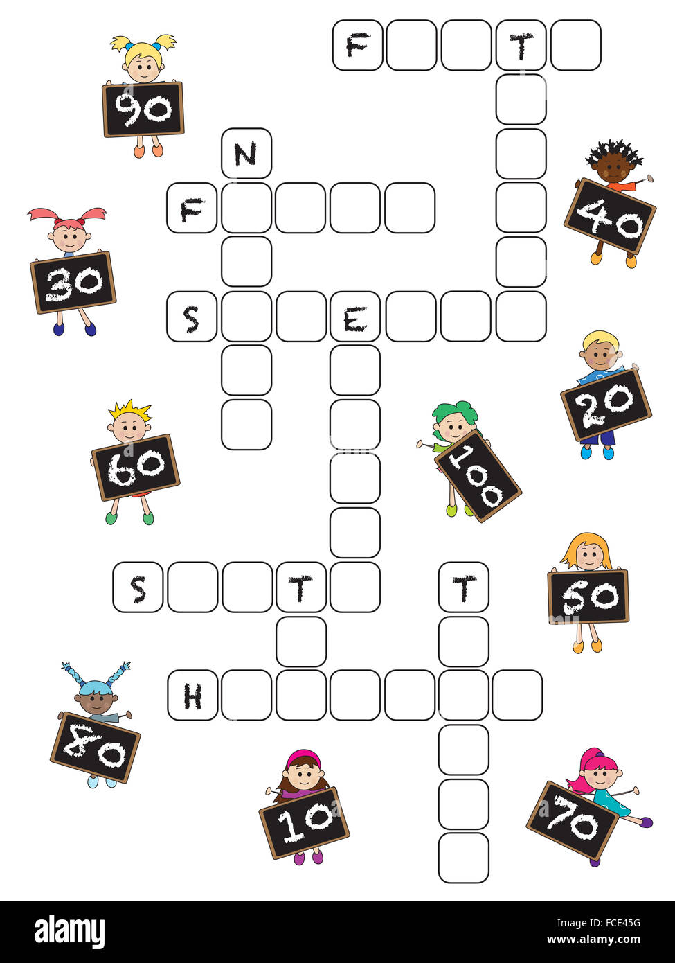 Jeu pour les enfants : les mots croisés avec les chiffres de dix à cent Banque D'Images