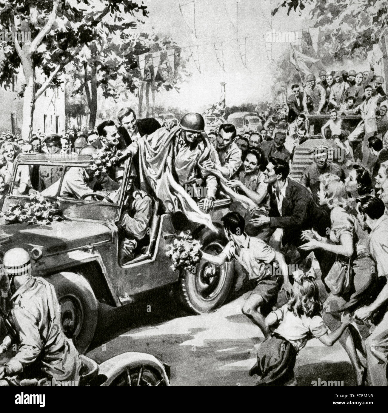 La Seconde Guerre mondiale (1939-1945). La ville italienne de Gorizia est incorporé dans l'Italie de nouveau le 15 septembre 1947. Les gens heureux alors que les troupes USA transportant la star-Spangled Banner après trente mois d'occupation. La gravure. 20e siècle. Banque D'Images