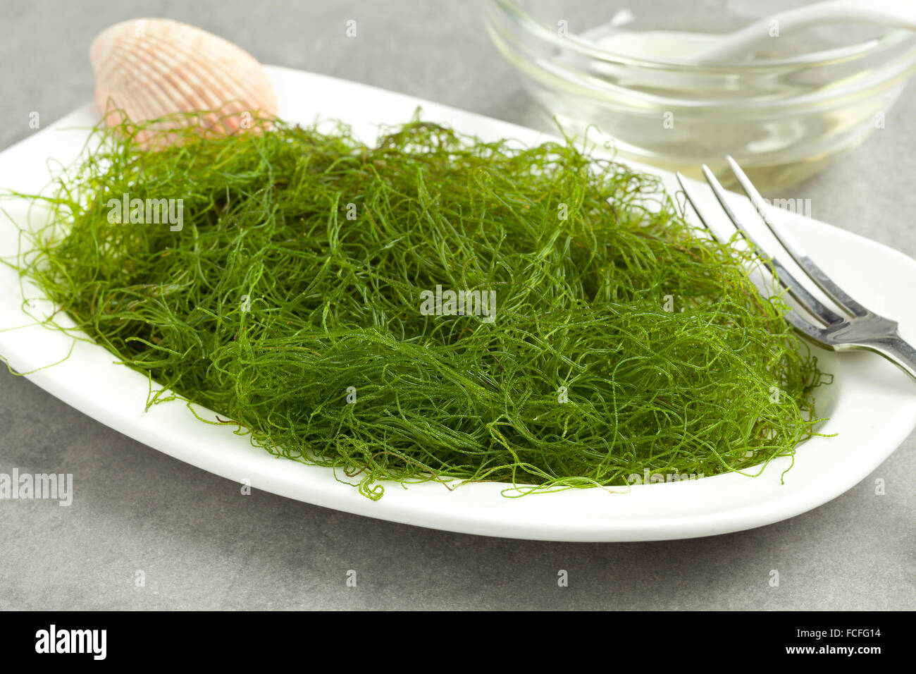 Plat d'algaeas vert filamenteuse frais d'accompagnement Banque D'Images