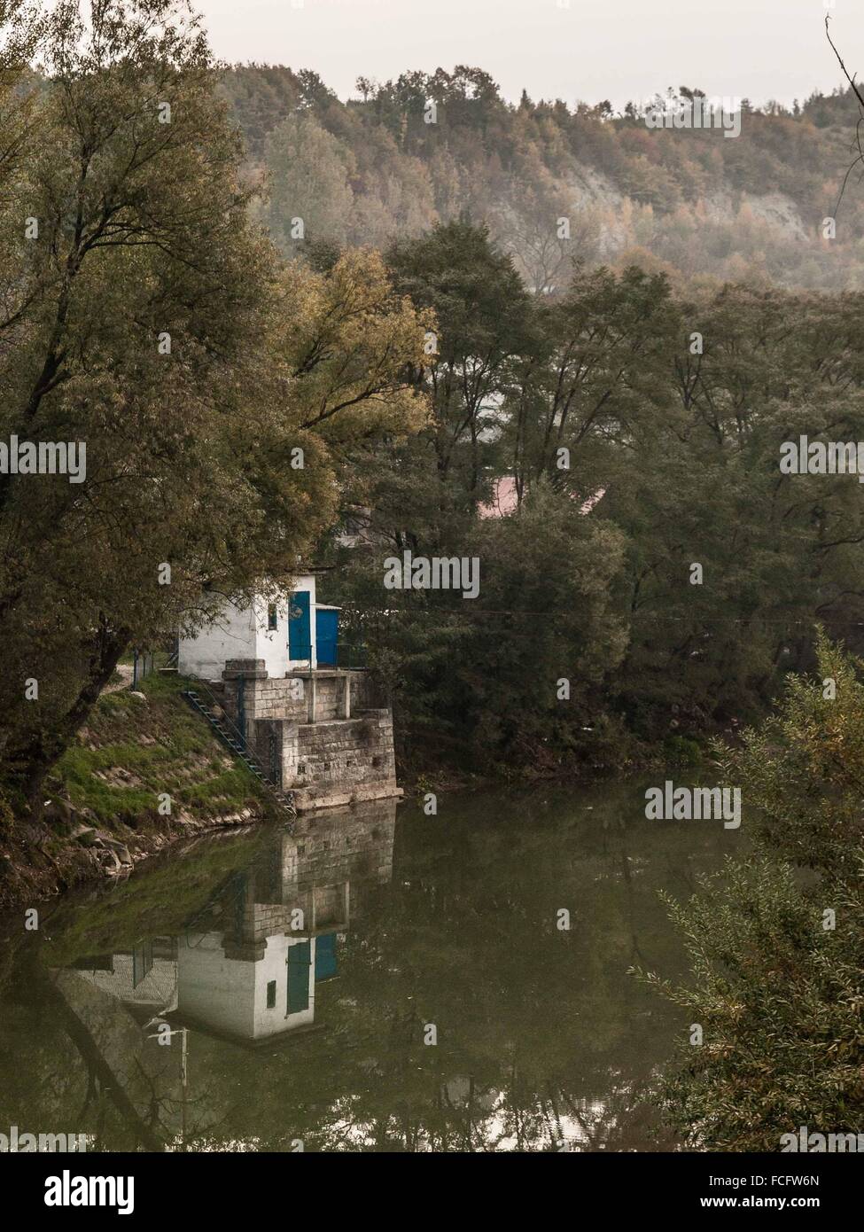 Chambre Bleu et blanc reflétant dans la rivière dans la forêt dans la région de Maramures, Roumanie, Europe. Banque D'Images