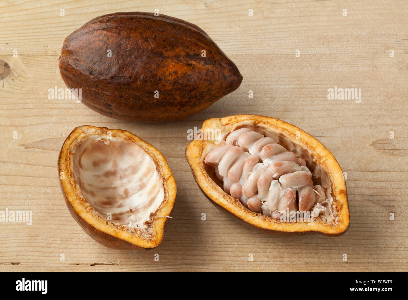 Ensemble et la moitié du cacao frais mûrs fruits et graines Banque D'Images