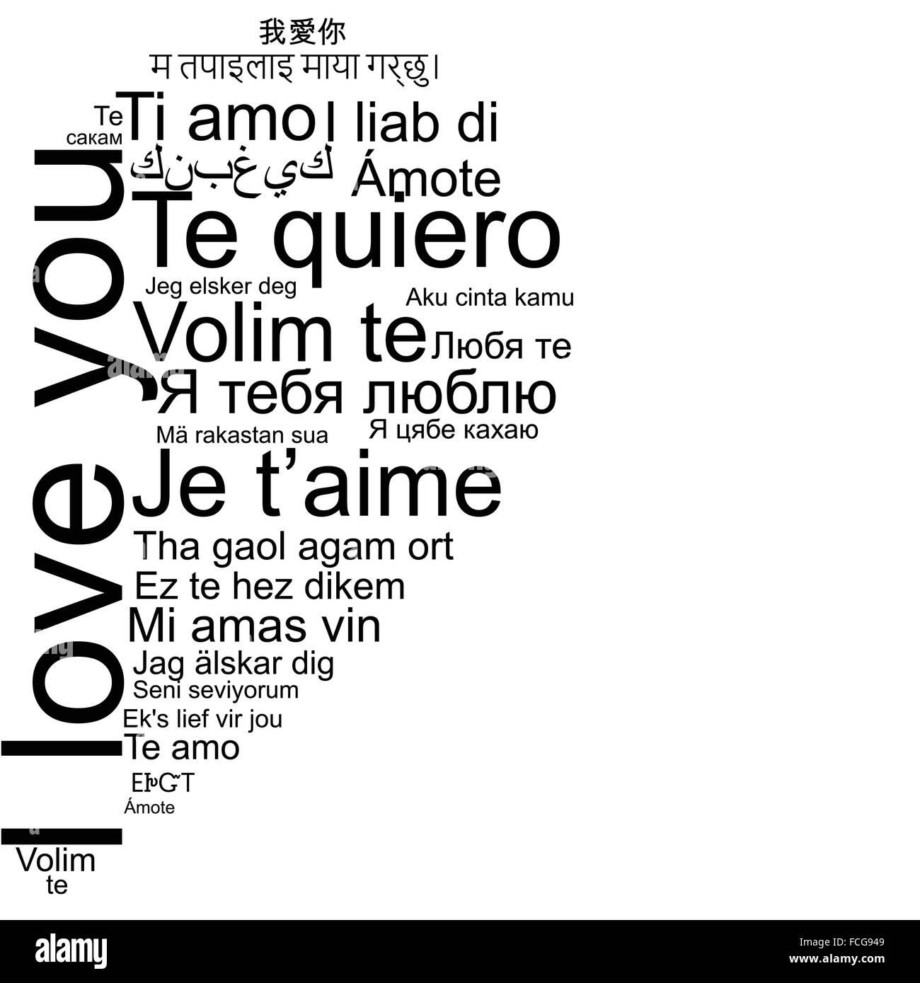 Je vous aime tag cloud la forme qu'un coeur Illustration de Vecteur