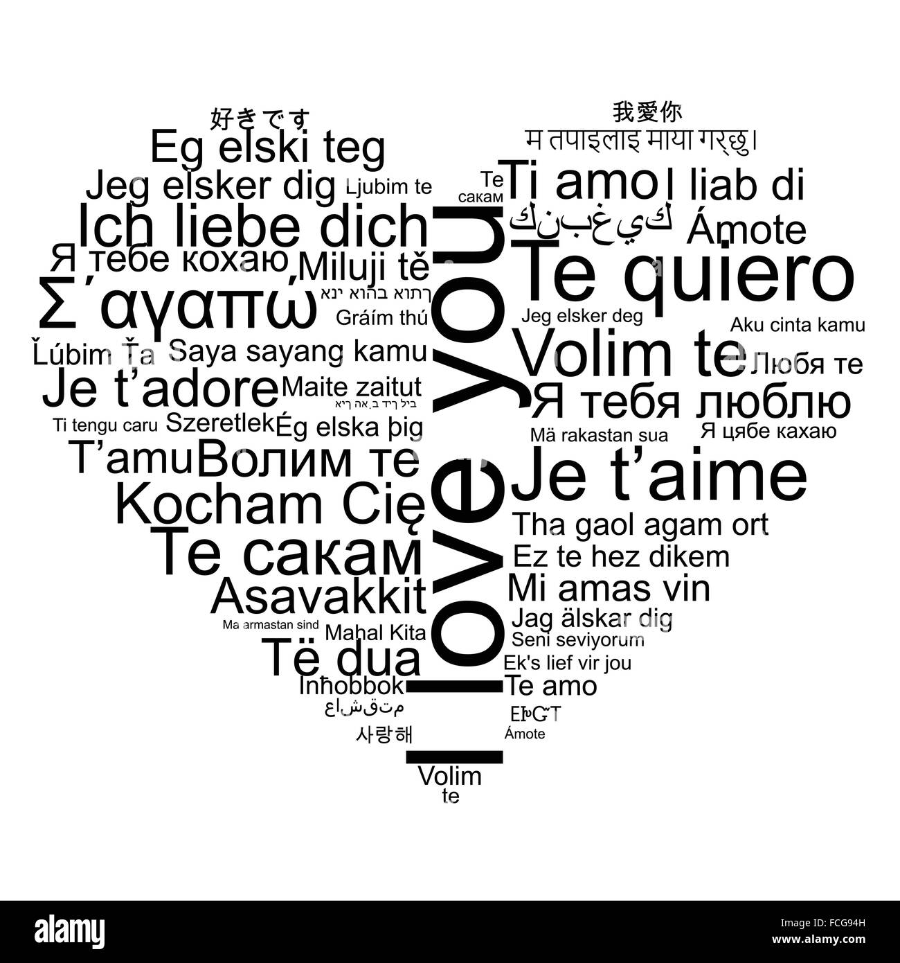 Je vous aime tag cloud la forme qu'un coeur Illustration de Vecteur
