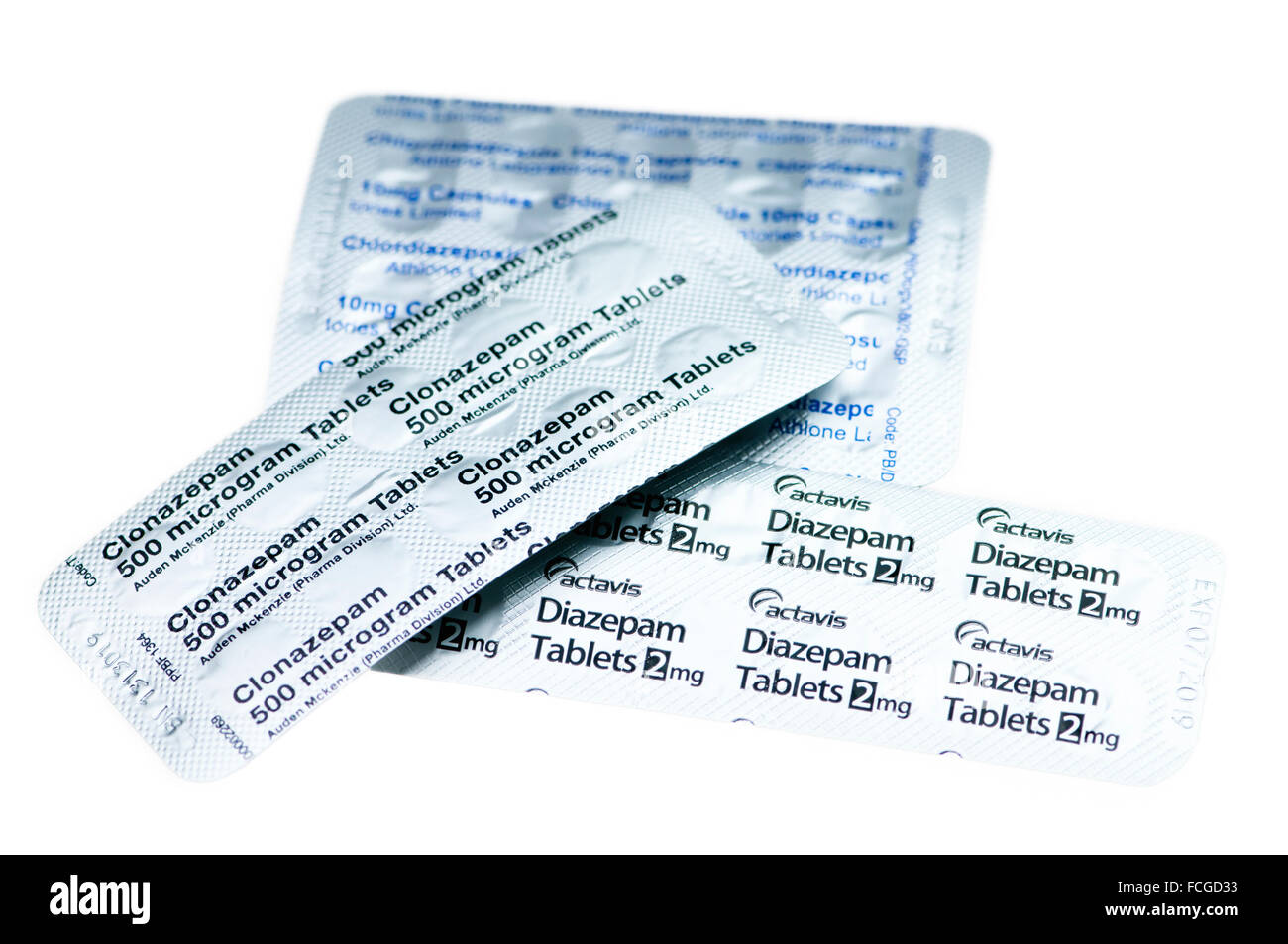 Le diazépam, le clonazépam et Chlordiazepoxide comprimés, utilisés pour traiter les maladies telles que l'anxiété et le retrait d'alcool Banque D'Images