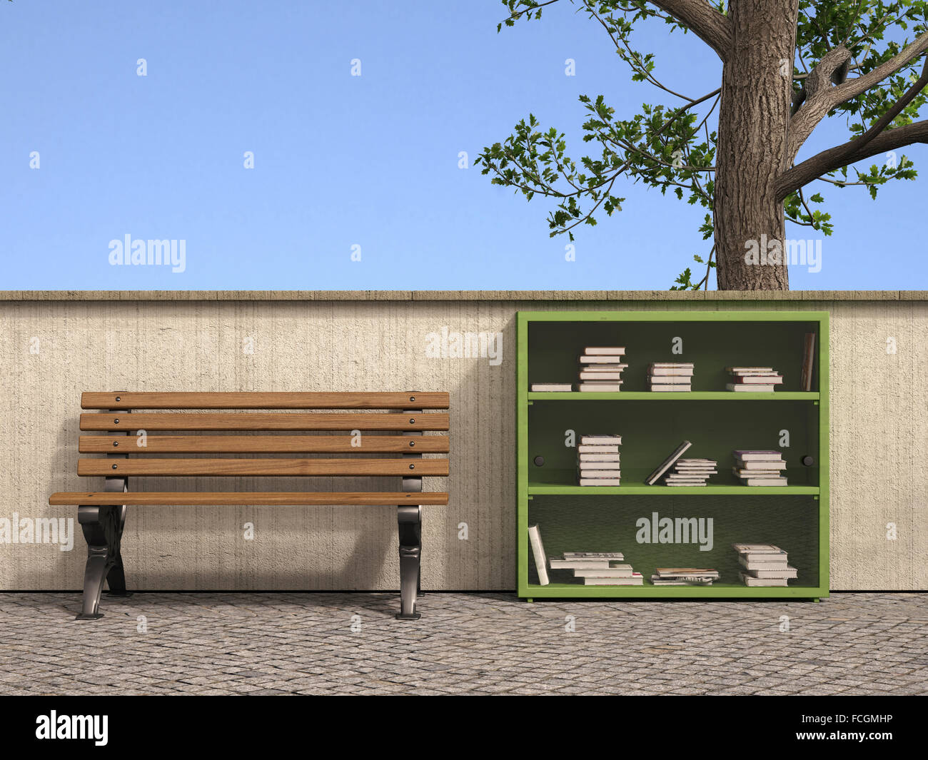 Bibliothèque des livres d'occasion en plus d'un banc permanent Rendu 3D Banque D'Images