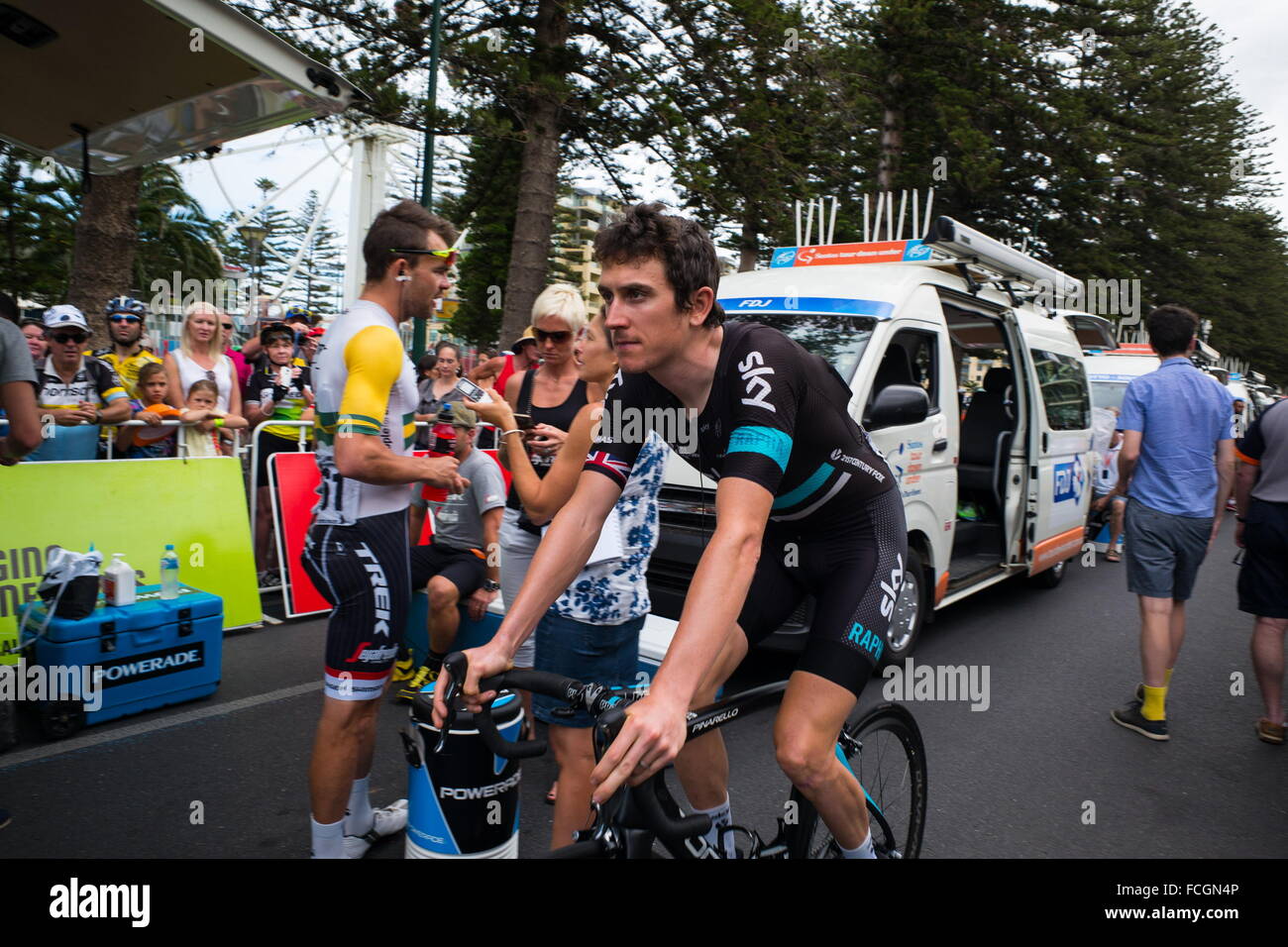 Adélaïde, Australie. 21 Jan, 2016. Geraint Thomas (Team Sky), pré-race, l'étape 3, à Glenelg Campbelltown, Tour Down Under, en Australie le 21 janvier 2016 © Gary Francis/ZUMA/ZUMAPRESS.com/Alamy fil Live News Banque D'Images