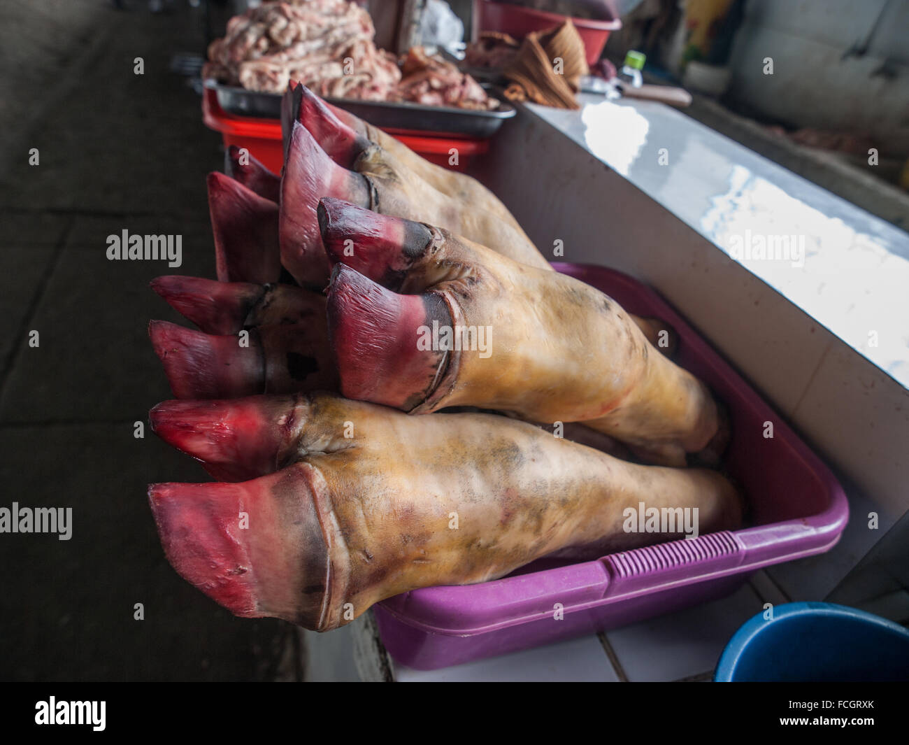 Les jambes et les porcs à sabots Cusco au Pérou, du marché de l'Amérique du Sud. Banque D'Images