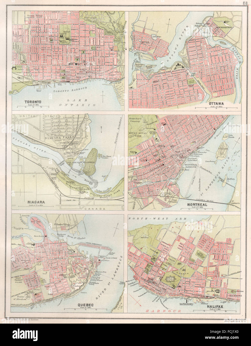 Les villes canadiennes : Toronto Ottawa Montréal Québec Halifax Niagara, 1891 map Banque D'Images