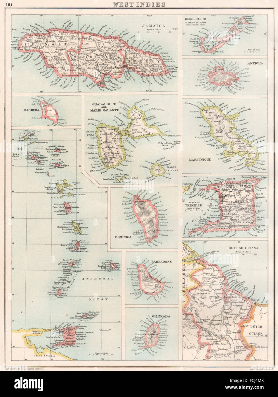 Antilles : Guadeloupe Jamaïque Barbade Bermudes Antigua Martinique &c, 1891 map Banque D'Images