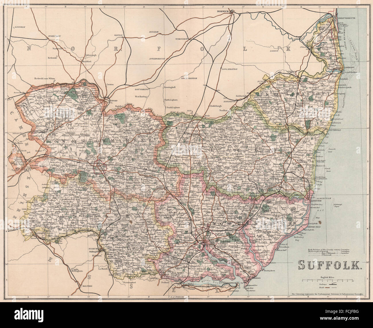 SUFFOLK Comté : carte montrant des divisions et des quartiers. PHILIP, 1902 Banque D'Images