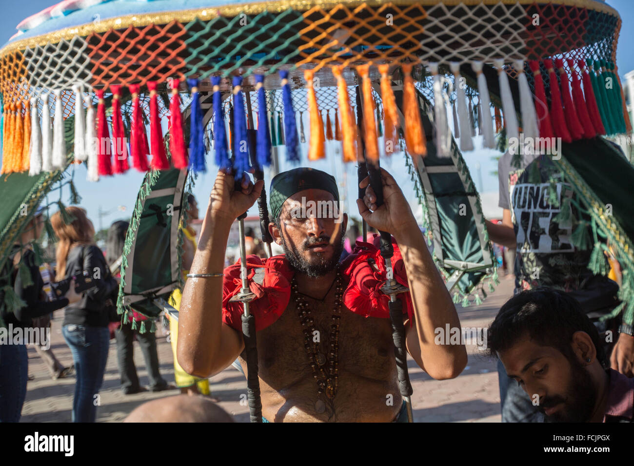 Kuala Lumpur, Malaisie, les grottes de Batu. 23 Jan, 2016. Dévot hindou prépare le kavadi avant de prendre part à la procession de Thaipusam dans les grottes de Batu. Pour marquer ce jour, les Hindous dévots pierce différentes partie de son corps avec divers groupes des brochettes et faire des pots de lait sur leurs têtes le long de deux kilomètres pour célébrer l'honneur de Lord Subramaniam (Lord Murugan) dans les grottes de Batu, l'un des plus populaires de culte en dehors de l'Inde et le point focal pour célébrer le Festival de Thaipusam en Malaisie. Credit : ZUMA Press, Inc./Alamy Live News Banque D'Images