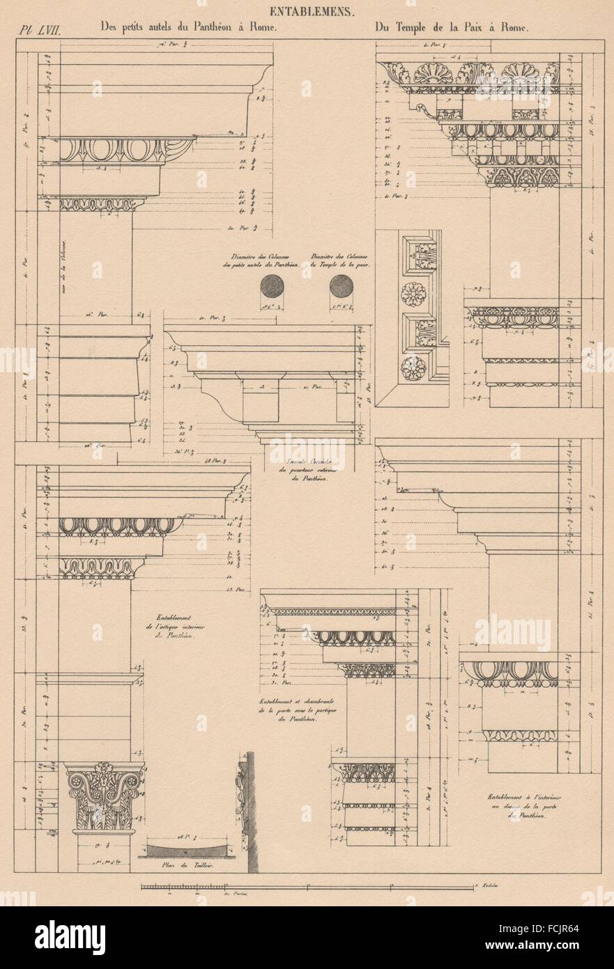 Les entablements classiques : Pantheon & Temple de la paix, Rome, vintage print 1931 Banque D'Images