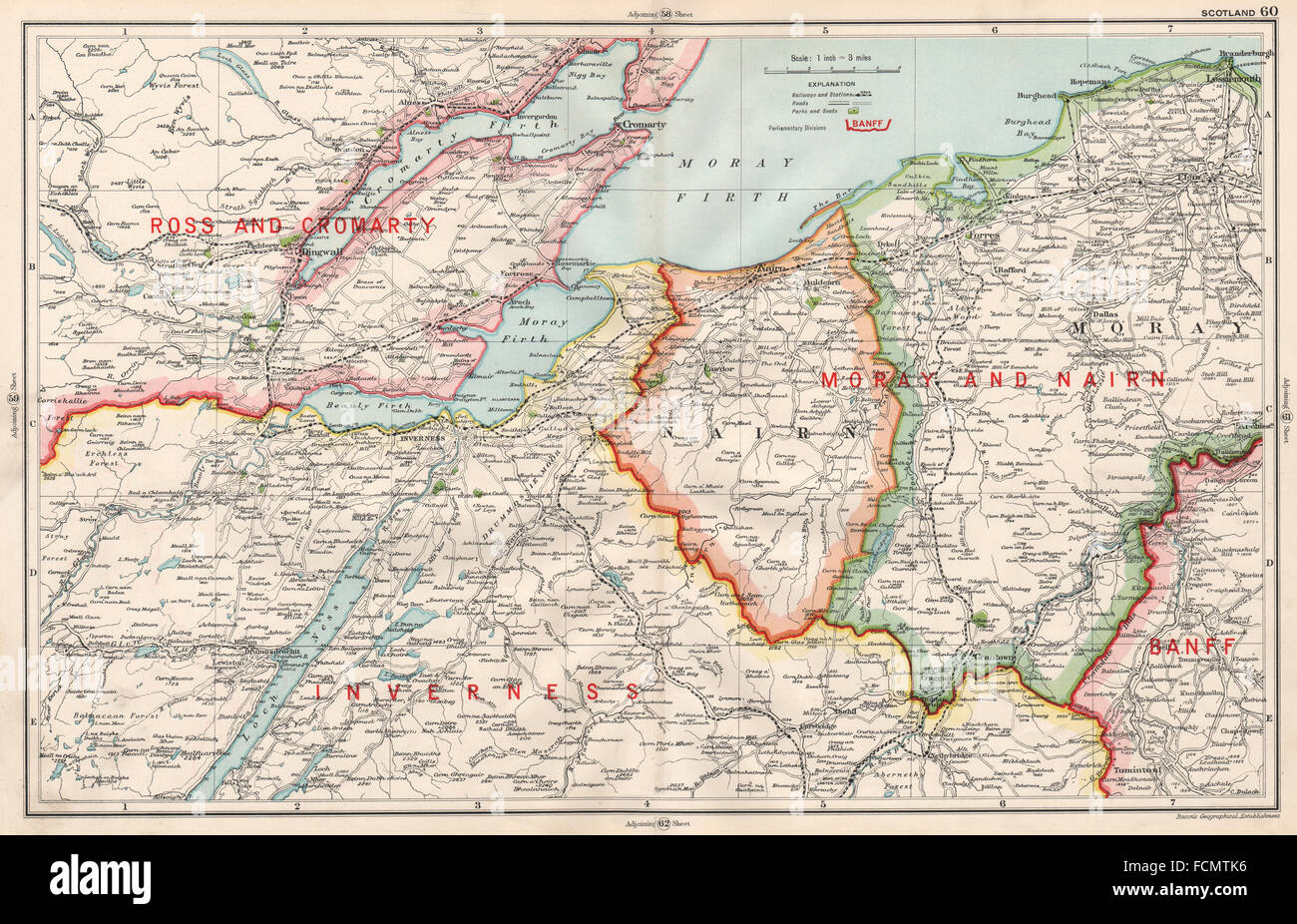 MORAY/Loch Ness : Moray Nairn Inverness-shire Ross/Cromarty. BACON 1936 map Banque D'Images