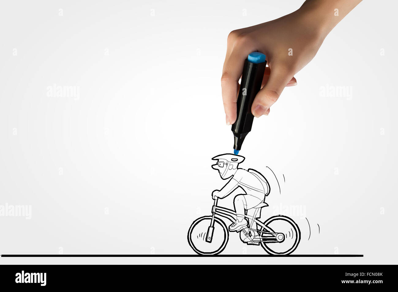 Caricature de l'homme et des droits de l'riding bike dessin à la main line Banque D'Images