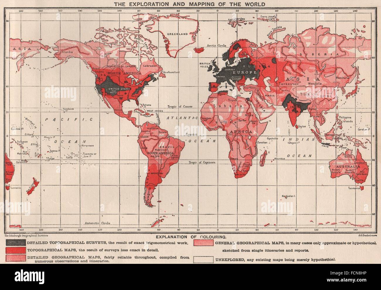 WORLD : montrent l'ampleur de l'exploration et à la cartographie. BARTHOLOMEW, 1901 Banque D'Images