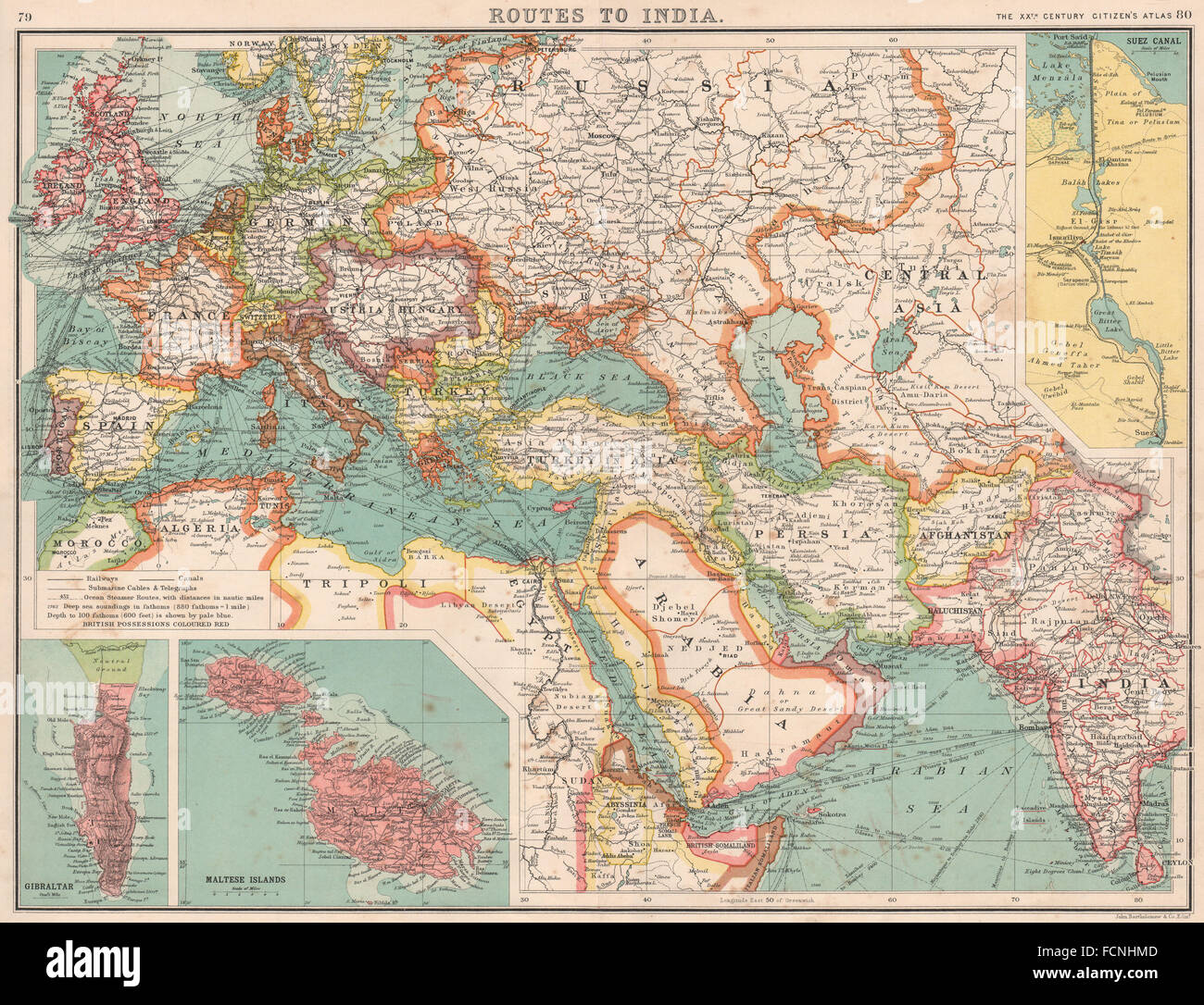 Les routes vers l'Inde:Europe Moyen-Orient et Asie.Canal de Suez et Gibraltar, Malte 1901 map Banque D'Images
