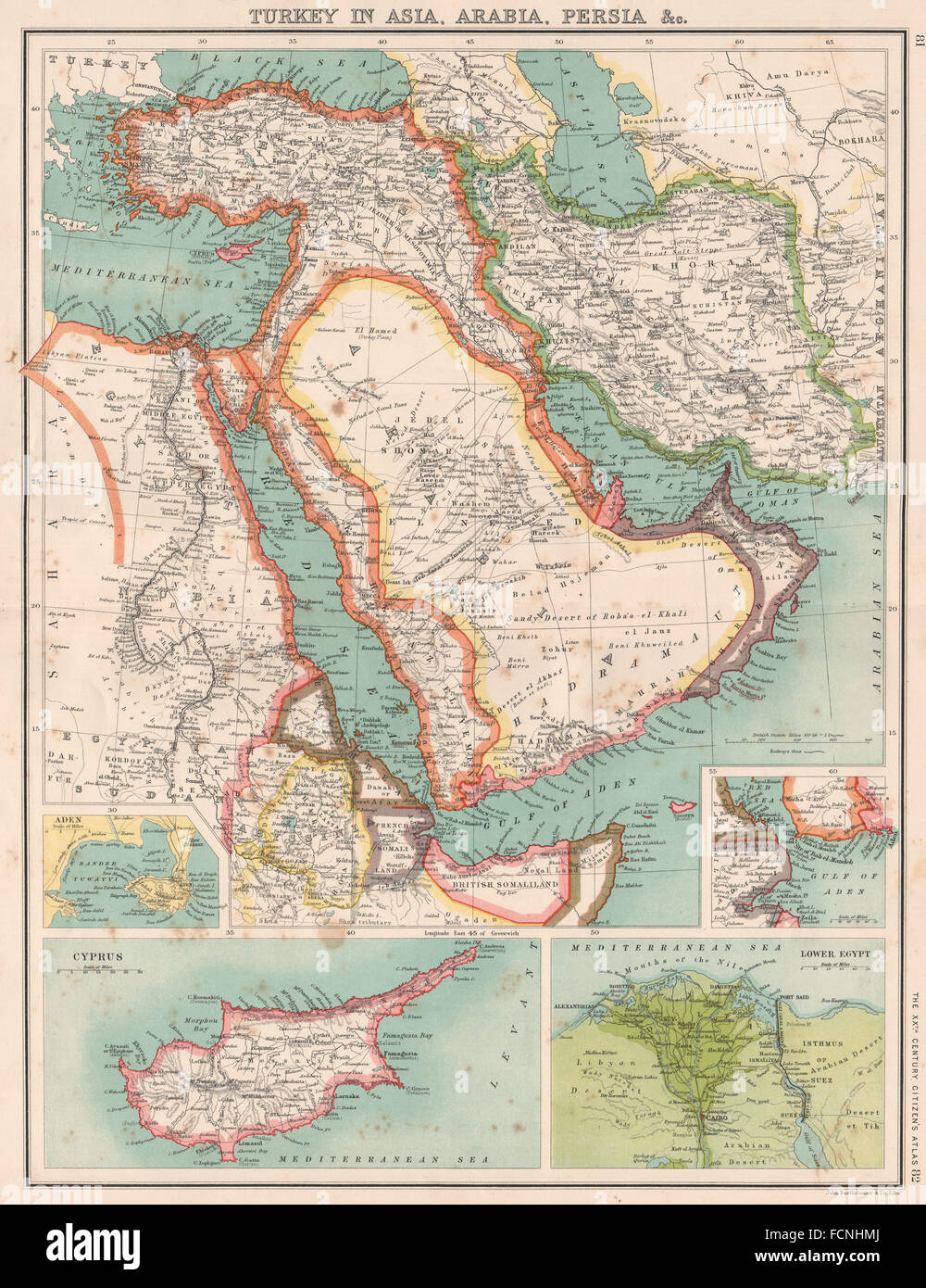 Moyen-orient:Turquie Asie Saoudite Perse(Iran)Egypte Oman.Chypre carte du Delta du Nil, 1901 Banque D'Images