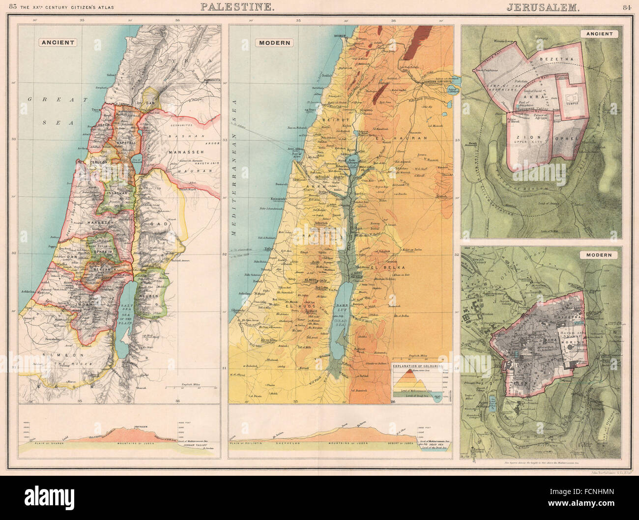 La Palestine et Jérusalem : 12 tribus d'Israël. W-E sections. Carte en relief, 1901 Banque D'Images