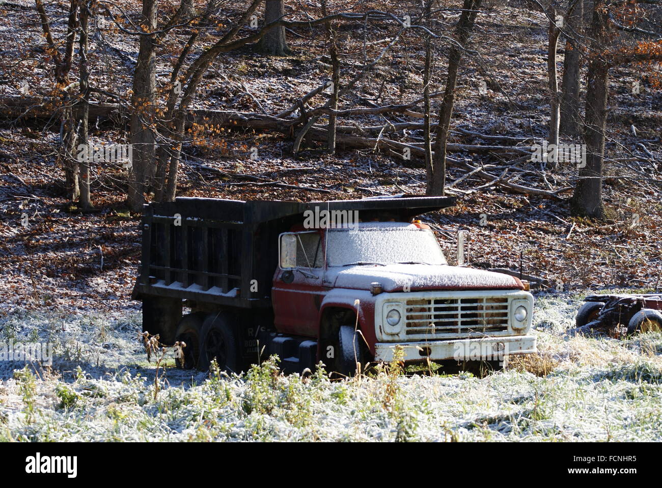 Camion agricole assis dans un champ de neige sur elle. Banque D'Images