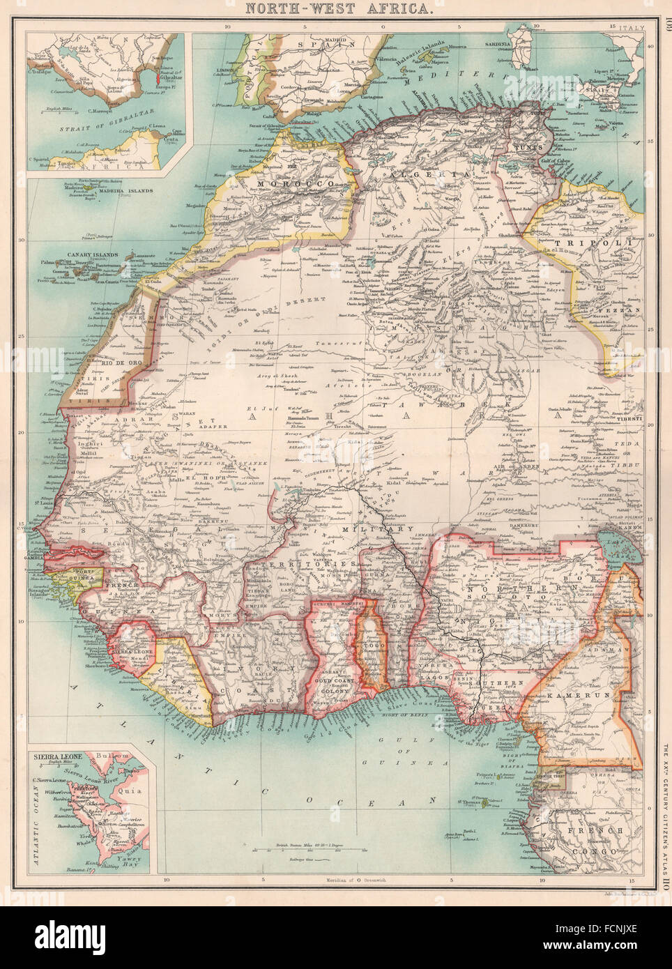 L'Afrique de l'Ouest:Nigeria Côte d'or(Ghana)Dahomey(Bénin) Rio de Oro Maroc, 1901 La carte Banque D'Images