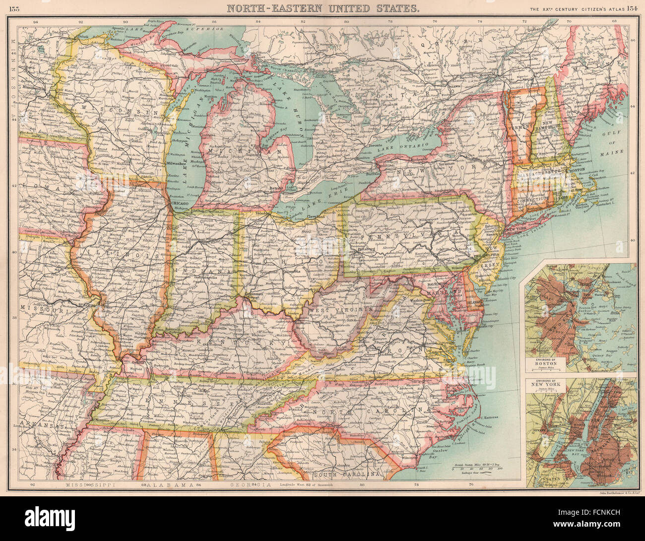USA NORD-EST : United States. L'encart Boston & New York. BARTHOLOMEW, 1901 map Banque D'Images
