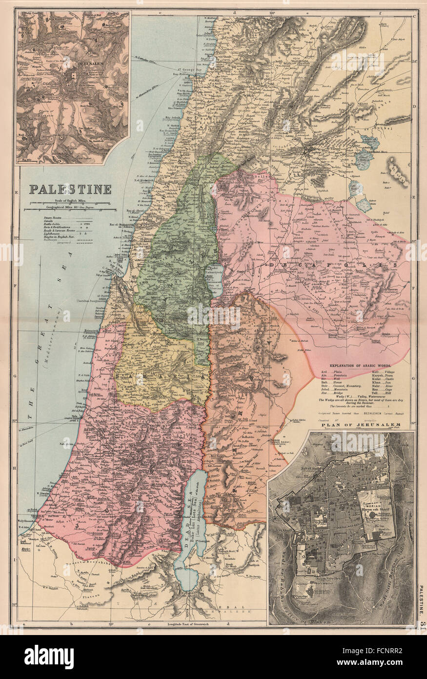 PALESTINE : affiche les dates de bataille. Israël Jordanie. Jérusalem. BACON, 1893 map Banque D'Images