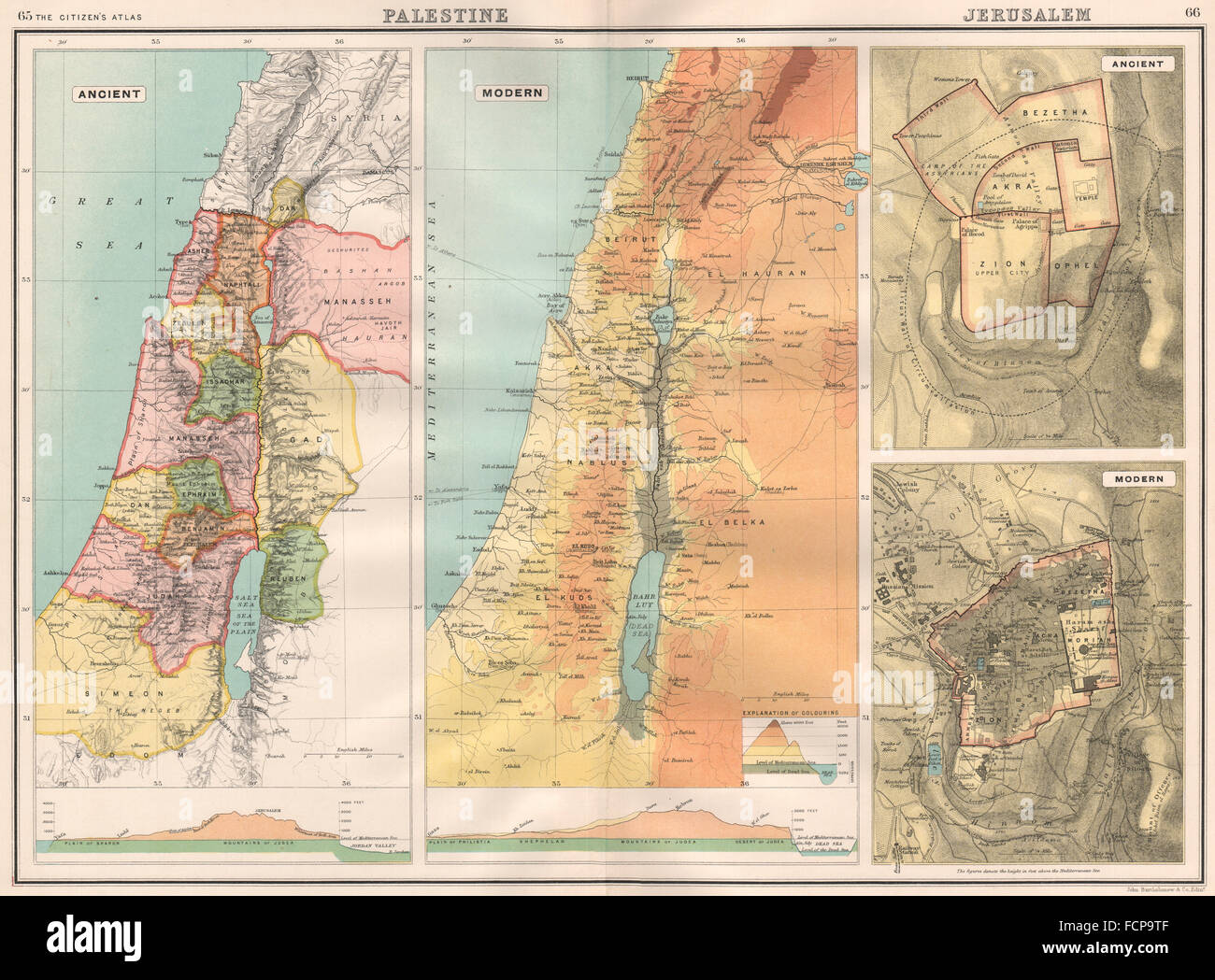 12 tribus d'Israël : La Palestine/Jérusalem ancienne & moderne. BARTHOLOMEW, 1898 map Banque D'Images