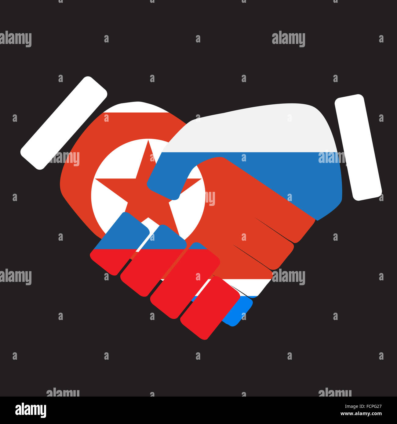 Poignée de signe symbole de la Corée du Nord et la Russie. La coopération de l'Union, l'amitié de la Russie et de la Corée du Nord, nation coréenne, handshake int Banque D'Images