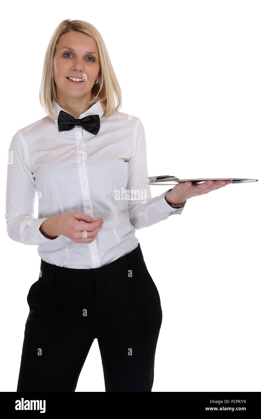 Serveur serveuse blonde femme jeune femme servant avec le bac d'emploi restaurant isolé sur fond blanc Banque D'Images Serveur serveuse blonde femme jeune femme servant avec le bac d'emploi restaurant isolé sur fond blanc Banque D'Images