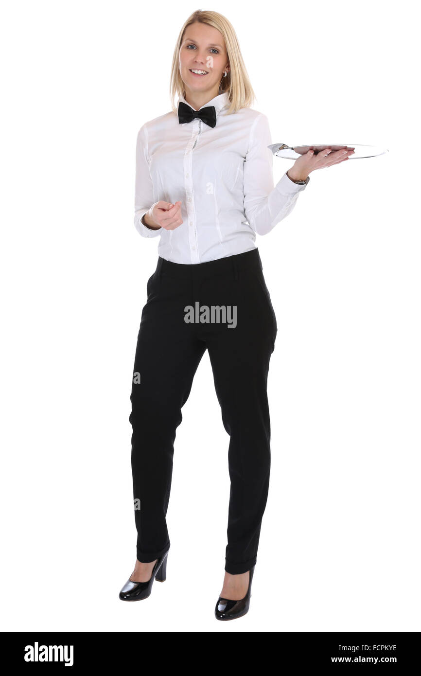 Serveur serveuse blonde femme jeune femme servant avec restaurant bac plein emploi corps isolé sur fond blanc Banque D'Images Serveur serveuse blonde femme jeune femme servant avec restaurant bac plein emploi corps isolé sur fond blanc Banque D'Images