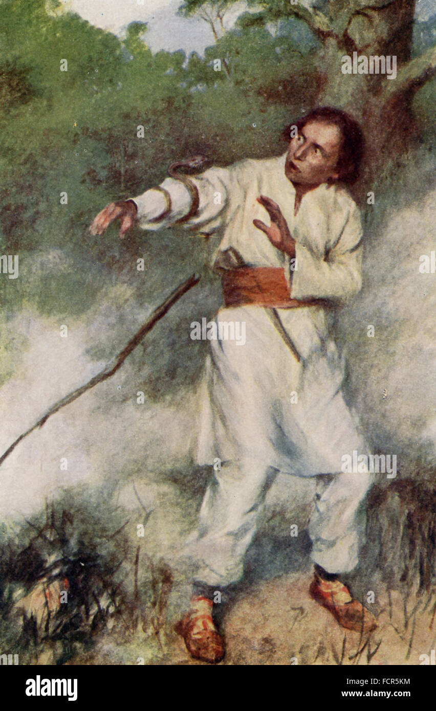 La légende de cette illustration se lit comme suit : Le serpent liée elle-même rapidement autour de son bras. L'histoire raconte qu'un berger qui a vu un serpent entouré par un feu faisant rage. Il étendit son bras, le serpent enroulé autour de lui-même, comme on le voit ici, et s'échappa. Les deux ont ensuite visité le père du serpent, le roi des serpents, qui a donné le berger le don de comprendre la langue des animaux comme une récompense. Le berger l'a utilisé à son avantage. L'illustration est d'un livre sur 1921 Mythes et légendes serbes. Banque D'Images