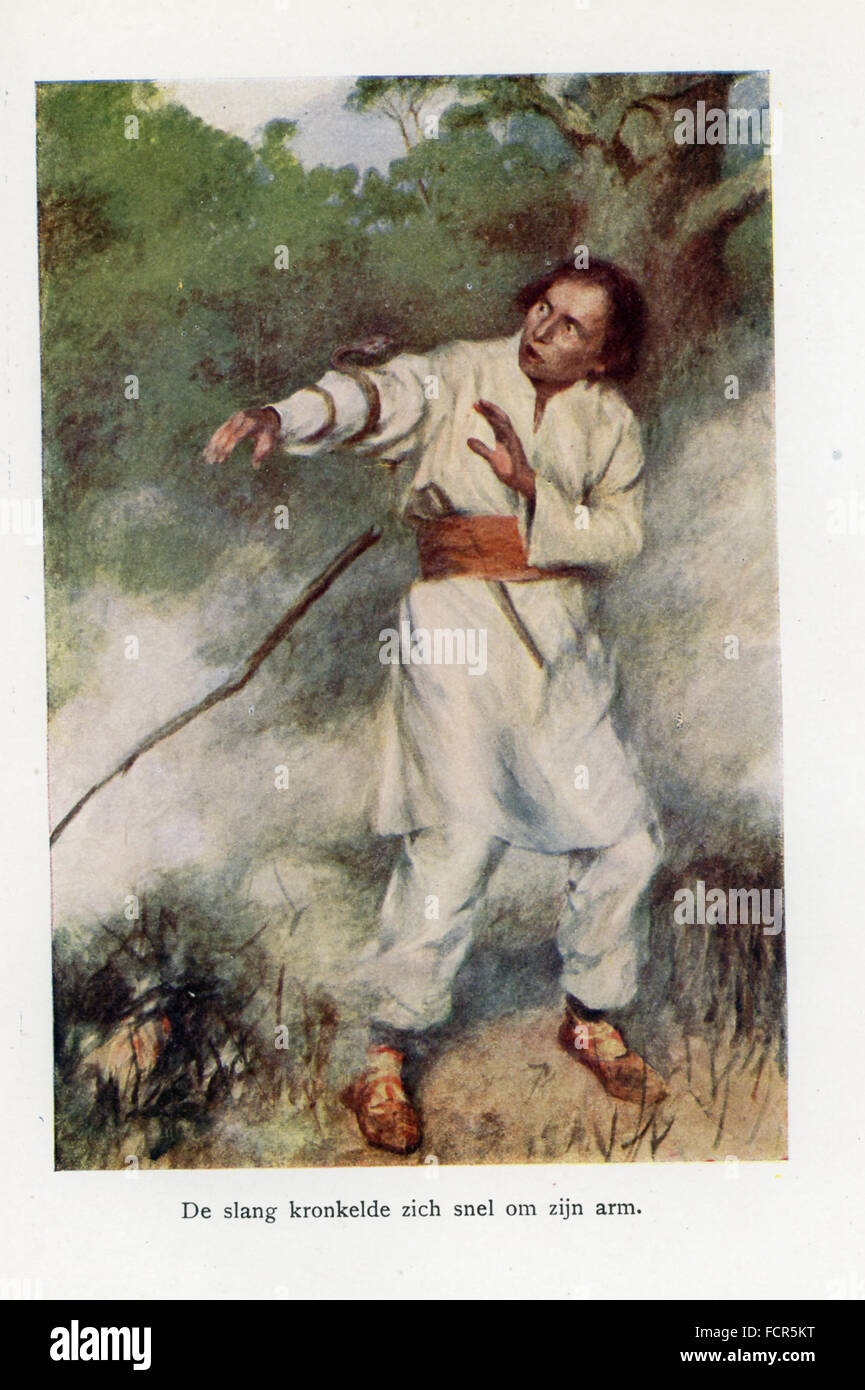 La légende de cette illustration se lit comme suit : Le serpent liée elle-même rapidement autour de son bras. L'histoire raconte qu'un berger qui a vu un serpent entouré par un feu faisant rage. Il étendit son bras, le serpent enroulé autour de lui-même, comme on le voit ici, et s'échappa. Les deux ont ensuite visité le père du serpent, le roi des serpents, qui a donné le berger le don de comprendre la langue des animaux comme une récompense. Le berger l'a utilisé à son avantage. L'illustration est d'un livre sur 1921 Mythes et légendes serbes. Banque D'Images