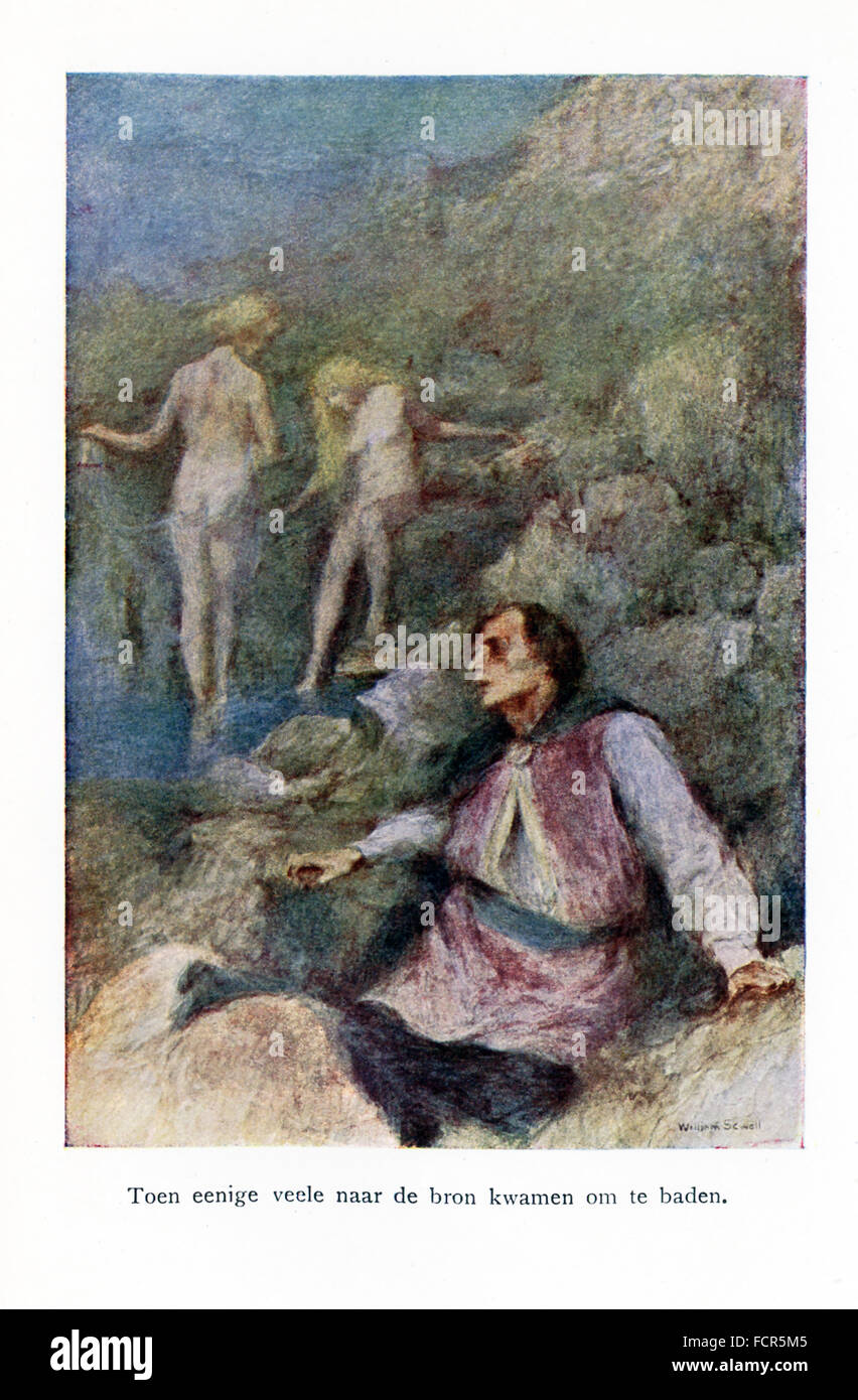 La légende de cette illustration se lit comme suit : l'eau veele (nymphes) sont venus au printemps pour se baigner. Le roi est mort et l'un de l'autre fils a pris son argent, l'héritage, et les yeux. Le pauvre prince est assis par le ressort (vu ici) et entend parler de la famille Veele les eaux de la guérison et que la princesse a la lèpre.Le prince lave ses yeux et sa vue s'est retourné. Il prend l'eau pour la princesse. Elle est guérie et ils se marient. Le frère jaloux va au printemps et entend le veele, qui, mis en colère que quelqu'un connaît leur secret, le tuer. Banque D'Images