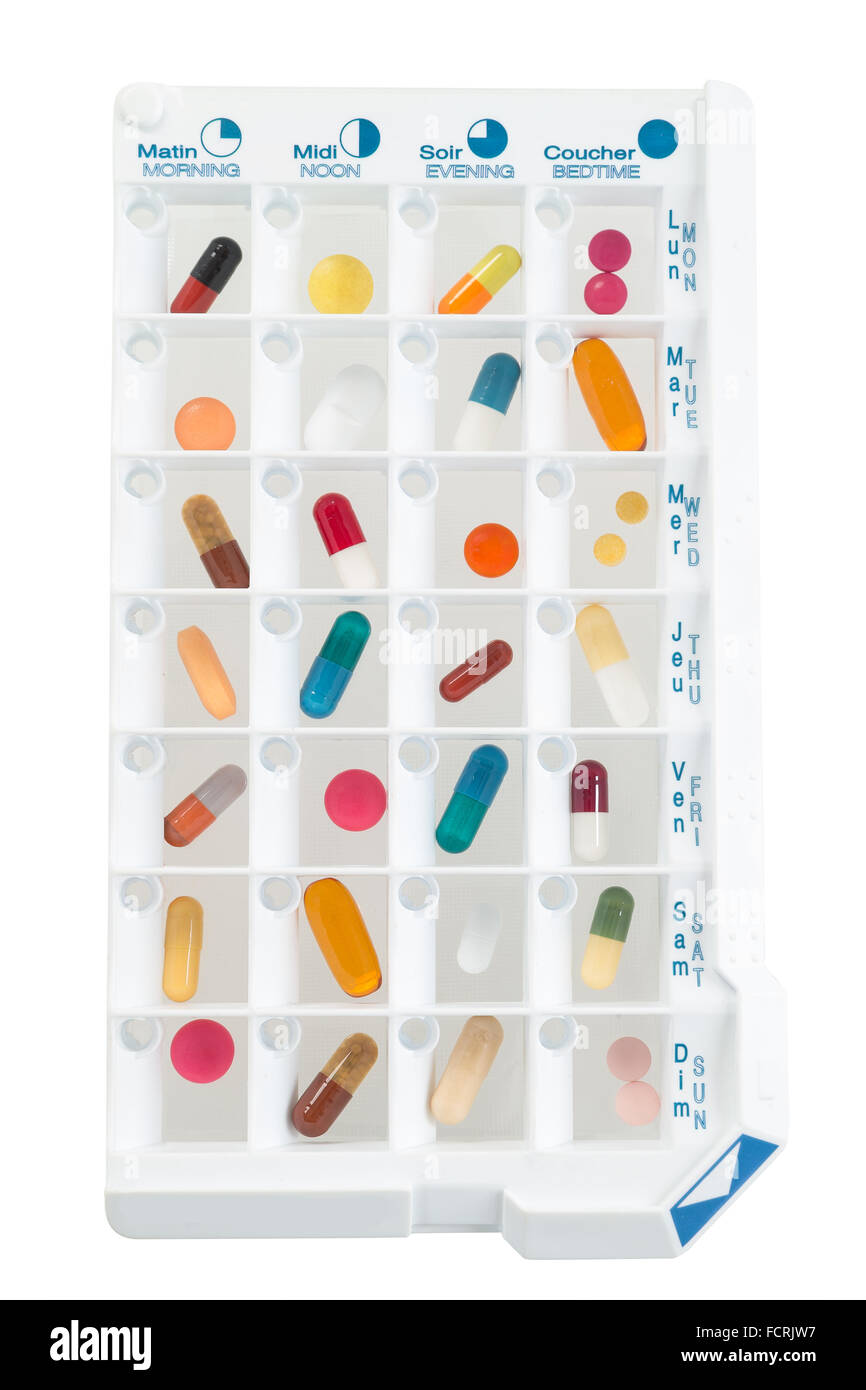 Planificateur mensuel comprimés avec une dose quotidienne de médicaments dans chaque cellule Banque D'Images