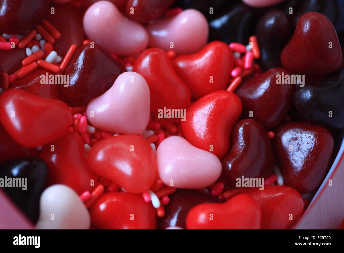 Coeurs de sucrerie en rouge, rose et bordeaux avec sprinkles Banque D'Images