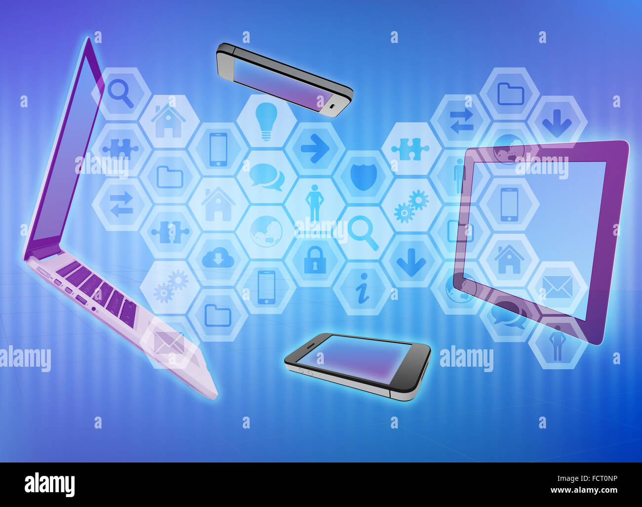 Ensemble d'icônes d'application avec un ordinateur portable, téléphone et tablette. Banque D'Images