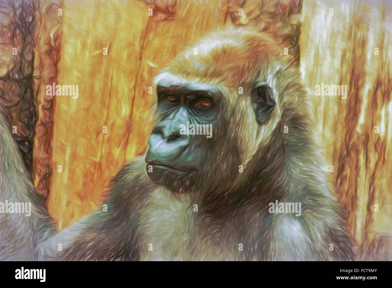 Portrait de gorille, mail, la peinture au style impressionniste. Créé manuellement à l'aide de diverses techniques numériques. Banque D'Images