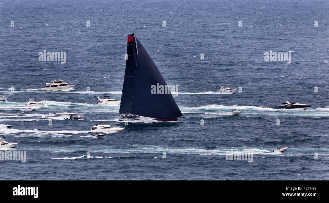 Chef de Sydney Hobart yacht race annuel en plein océan, entouré par l'observation des bateaux et navires de spectateurs et les touristes Banque D'Images